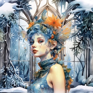 Könnte beinhalten: Eine Frau mit blauen Haaren und einer Krone aus Blumen und Federn, die ein blaues und weißes Kleid trägt, steht vor einem Fenster mit einer verschneiten Landschaft.