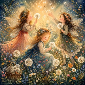 Peut inclure: Une illustration de trois personnages avec des ailes translucides et des couronnes de fleurs dans un champ de fleurs sauvages et de pissenlits. L'un souffle sur un pissenlit, un autre tend les bras, et le troisième est assis.