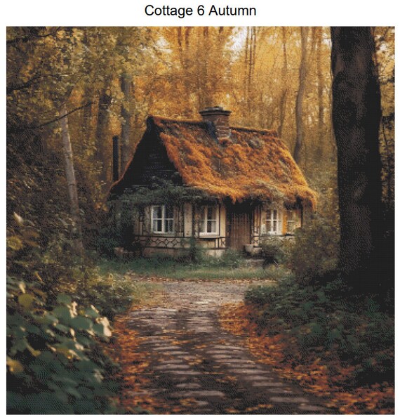 Autumn Fall Cottage Landscape Scene Counted Cross Stitch Pattern