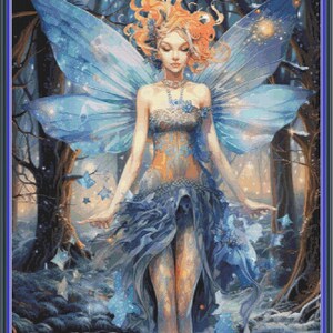 May include: A blue fairy with iridescent wings stands in a dark forest. She wears a blue and gold dress and has long red hair. The fairy is surrounded by sparkling lights and a magical atmosphere.