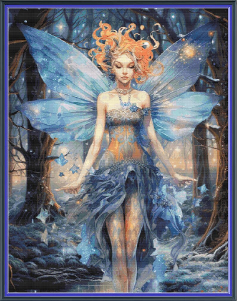 May include: A blue fairy with iridescent wings stands in a dark forest. She wears a blue and gold dress and has long red hair. The fairy is surrounded by sparkling lights and a magical atmosphere.
