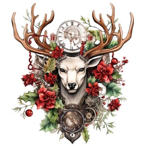 Puede incluir: Una ilustración de acuarela de una cabeza de ciervo blanca con cuernos, rodeada de flores de poinsettia rojas, hojas de acebo verdes y engranajes de reloj antiguos. Los ojos del ciervo son marrones y su nariz es negra. La esfera del reloj muestra números romanos y un diseño delicado.