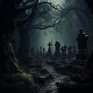 Può includere: Un sentiero boschivo scuro e nebbioso conduce a un cimitero con molte lapidi e croci. Il sentiero è fiancheggiato da alberi e rocce ricoperti di muschio.