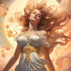 May include: A woman with long, flowing blonde hair wears a white dress with a gold belt. She has her eyes closed and appears to be in a state of peace. The background is a soft, golden color with a large, bright moon.