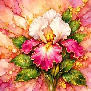 May include: A vibrant watercolor painting of an iris flower. The flower has white and pink petals with gold accents. Green leaves surround the flower, set against a pink and gold background.