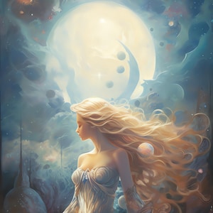 May include: A woman with long blonde hair stands in a dreamy, ethereal landscape. She wears a flowing white gown and is surrounded by swirling clouds and celestial bodies. The scene is reminiscent of a fantasy or science fiction setting.