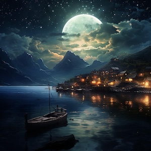 以下が含まれることがあります： 月明かりの夜の、海岸沿いの村のデジタル絵画。 大きく明るい月が空を照らし、穏やかな水面に映っています。 小さなボートが前景に浮かび、山々と海岸沿いの村があります。
