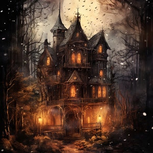 May include: A dark, gothic-style house with a pointed roof and many windows, set against a backdrop of a moonlit forest. The house is lit by warm, glowing lights, and there are snow-like particles falling from the sky.
