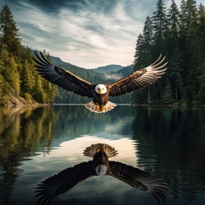 Águia americana refletida no totem do espírito de voo PDF download digital instantâneo padrão de ponto cruz contado compatível com suporte, impressão de gráfico de cores