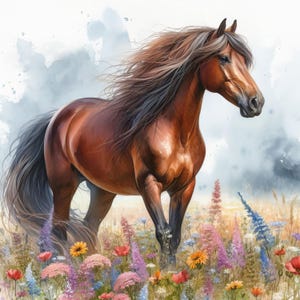 Horse In Wildflowers 7 pdf directe digitale download geteld kruissteekpatroonhouder compatibel, afdruk kleurenkaart