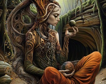 May include: A woman with a tree-like crown sits in a meditative pose, holding a sphere in her hands. She is surrounded by lush greenery and a waterfall. The image has a mystical and spiritual feel.
