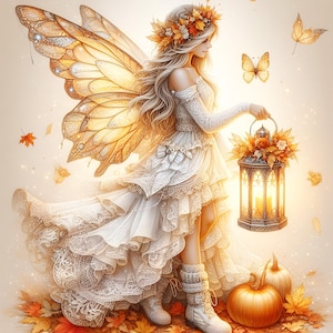 May include: A digital illustration of a fairy with large, detailed golden wings, wearing a white lace dress and holding a lantern filled with flowers. The fairy is surrounded by autumn leaves and pumpkins, creating a whimsical, seasonal theme.