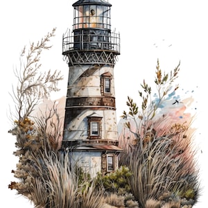 May include: A watercolor painting of a lighthouse with a black and white striped tower, surrounded by tall grasses and trees. The lighthouse has a small window on each side and a large window at the top. The sky is a soft pink and orange.