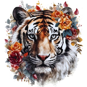 May include: A close-up portrait of a tiger with orange and black stripes. The tiger's face is framed by a wreath of autumnal flowers in shades of red, orange, and yellow.