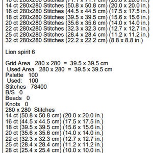 May include: A black and white image showing the stitch count and size of a cross stitch pattern for a lion spirit design. The pattern is 280 stitches by 280 stitches and uses 100 colours. The grid area is 39.5 cm by 39.5 cm.