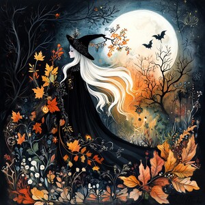 Puede incluir: Pintura digital de una bruja con largo cabello blanco, sombrero y capa negros, en un bosque. El fondo presenta una luna llena, murciélagos y hojas de otoño en tonos naranja y amarillo.