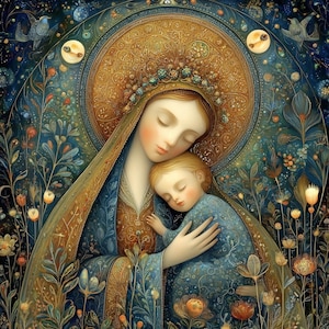 以下が含まれることがあります： デジタル絵画は、穏やかな抱擁の中で女性と子供を描いています。 女性は金色の後光と王冠を身につけ、子供を抱いています。 このアートワークは、青、金、緑の豊かなパレットを使用し、花柄と天体のモチーフが特徴です。