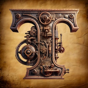 Op de afbeelding: Een steampunk-stijl letter T gemaakt van metalen tandwielen, tandwielen en pijpen. De letter is bronskleurig en heeft een gedetailleerd ontwerp.