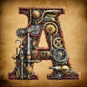 Alfabeto personalizado steampunk A 16ct 200x200 pontos, tamanho compatível com o Pattern Keeper, download digital instantâneo em PDF, impressão colorida 18ct P&B