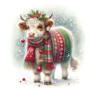 Vaca navideña en acuarela 1, descarga digital instantánea en formato PDF, compatible con el patrón de punto de cruz, 14 ct BW, impresión de carta de colores