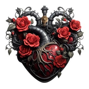 May include: A detailed illustration of a heart-shaped design. The heart is a deep red color, with intricate metalwork and red roses. The metalwork is a dark gray color, and the roses are a vibrant red. The design has a steampunk aesthetic.