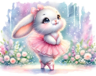 May include: A white bunny wearing a pink tutu and pink ballet shoes stands on a stage with a blurred background of pink and purple flowers.