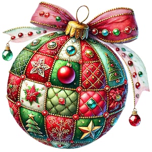 May include: A decorative Christmas ornament with a patchwork design in red, green, and gold. The ornament features a red bow and hanging jewel accents. The patchwork includes Christmas tree, star, and poinsettia designs.