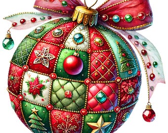 May include: A decorative Christmas ornament with a patchwork design in red, green, and gold. The ornament features a red bow and hanging jewel accents. The patchwork includes Christmas tree, star, and poinsettia designs.