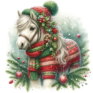 Pony navideño en acuarela 5, descarga digital instantánea en formato PDF, compatible con el patrón de punto de cruz, impresión de carta de colores de 14 ct