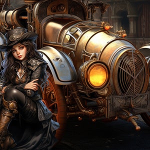 May include: A woman wearing a black hat and leather jacket sits beside a steampunk-style car with glowing headlights. The car has a brass and copper finish and intricate details.