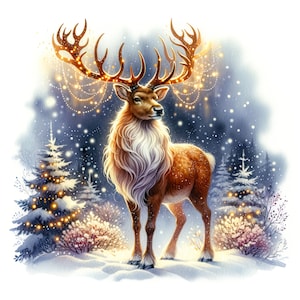 May include: A golden-brown reindeer with large antlers adorned with twinkling lights stands in a snowy forest setting. The reindeer has a white mane and a soft, furry coat. The background features a snowy landscape with pine trees and a dusting of snow.