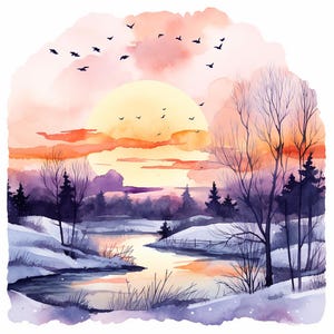 Puede incluir: Una pintura de acuarela de un paisaje invernal con un río que fluye a través de un bosque nevado. El sol se está poniendo detrás de los árboles, proyectando un cálido resplandor en la escena. El cielo es una mezcla de rosa, naranja y morado.
