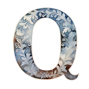 May include: A watercolour illustration of the letter "Q". The letter is light blue with a decorative floral design in white and grey. The edges of the letter have a brown and grey gradient.