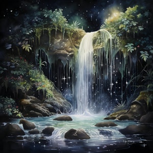 Puede incluir: Pintura a la acuarela de una cascada que cae en un estanque de agua. Frondoso follaje verde rodea la cascada, con rocas oscuras y estrellas brillantes en el fondo. El agua es de color azul claro.