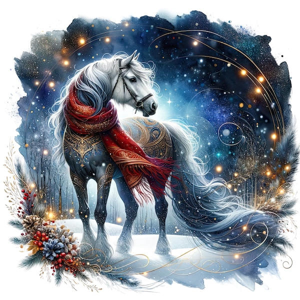 Christmas Horse winter night pattern keeper compatible PDF instant digital download counted cross stitch 18ct B&W, color chart printout