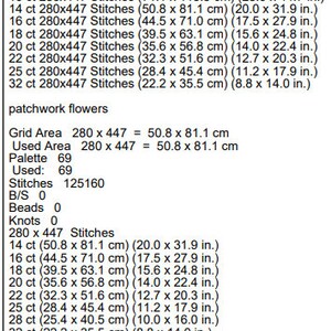 May include: A chart showing the stitch count, grid area, and dimensions for a cross stitch pattern called "patchwork flowers". The chart shows the dimensions in both inches and centimeters for 10, 14, 16, 18, 20, 22, 25, and 32 count Aida cloth.