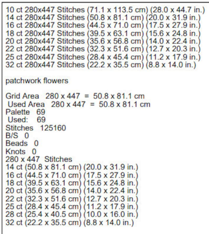 May include: A chart showing the stitch count, grid area, and dimensions for a cross stitch pattern called "patchwork flowers". The chart shows the dimensions in both inches and centimeters for 10, 14, 16, 18, 20, 22, 25, and 32 count Aida cloth.