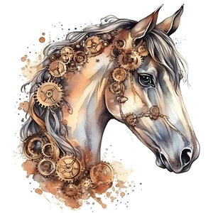 Puede incluir: Una pintura de acuarela de la cabeza de un caballo blanco con intrincados engranajes y ruedas dentadas de oro incorporados a su melena y brida. El fondo es una suave acuarela de color marrón y blanco.