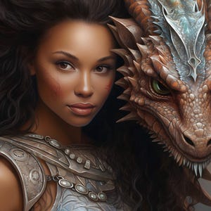 Pode incluir: Uma mulher com cabelo comprido e escuro e uma cabeça de dragão atrás dela. A mulher está usando uma armadura prateada e azul com um colar prateado. O dragão tem olhos verdes e um padrão de escamas marrom e azul.