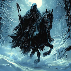 Pode incluir: Uma figura esquelética com uma capa preta com capuz monta um cavalo preto através de uma floresta nevada sob a lua cheia.