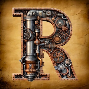 May include: A steampunk-style letter R made of metal gears, pipes, and other industrial elements. The letter is rendered in a 3D style and appears to be made of copper and brass.