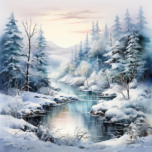 Puede incluir: Un paisaje invernal nevado con un río sinuoso que fluye a través de un bosque de pinos cubiertos de nieve. Los árboles están cubiertos de nieve blanca y el río es de un azul profundo. El cielo es de un azul suave con un toque de rosa en la distancia.