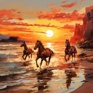 May include: Three brown horses run through the water towards a rocky shore at sunset. The sky is a vibrant orange and red with a bright sun shining in the distance.