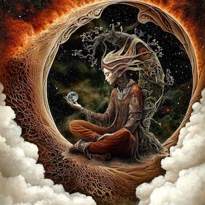 May include: A woman with long, flowing hair sits in a meditative pose on a crescent moon-shaped platform. She holds a small, glowing orb in her hand. The platform is surrounded by clouds and a fiery ring. The background is a dark, starry sky.