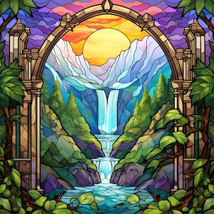 Cenário de vitral 6 paisagens PDF download digital instantâneo padrão de ponto cruz contado keeper compatível, impressão de gráfico de cores