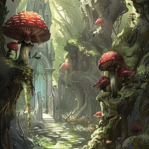May include: A whimsical forest scene with a stone pathway leading to a gothic-style building. The path is lined with large, red mushrooms and lush greenery. Sunlight streams through the trees, creating a magical atmosphere.