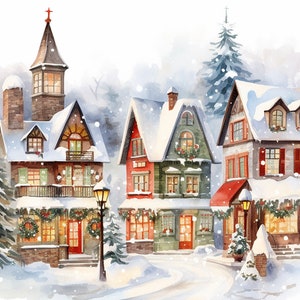Puede incluir: Una pintura de acuarela de una escena de pueblo de invierno nevado con tres casas decoradas para Navidad. Las casas son rojas, verdes y marrones con techos cubiertos de nieve blanca. Hay un alto árbol de hoja perenne cubierto de nieve en el fondo. Las casas tienen coronas en sus puertas y ventanas, y hay luces colgadas alrededor de ellas.