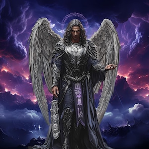 Puede incluir: Un ángel de cabello oscuro con grandes alas blancas se encuentra sobre un fondo de nubes moradas y naranjas que se arremolinan. El ángel lleva un traje oscuro y acorazado con una larga túnica morada que fluye. Las alas del ángel están extendidas y su rostro es serio y decidido.