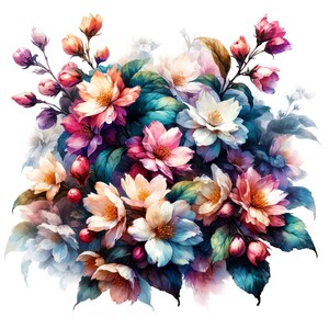 May include: A watercolour painting of a colourful floral display. The bouquet includes pink, peach, white, and purple flowers, with teal and green foliage. The artwork has a soft, diffused style, with a focus on the flowers.