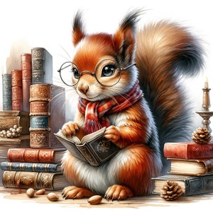 May include: A cute cartoon squirrel wearing round glasses and a red and white scarf is sitting on a stack of books and reading a book. The squirrel is surrounded by books and other objects, including a candle and a pine cone.